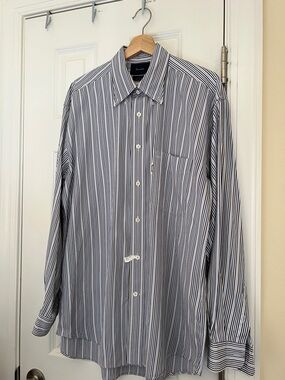 Faconnable France Navy, White Beige Vertical Stripe  Luxury Dress Shirt Large